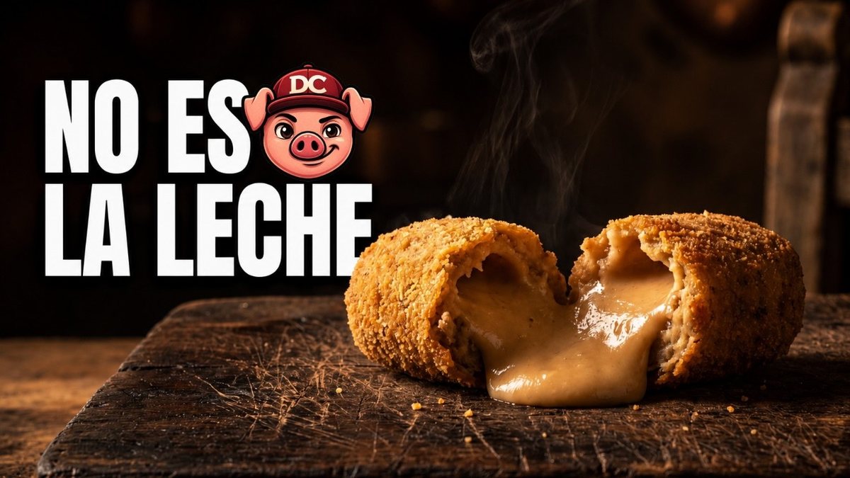 Masa de bechamel cremosa para croquetas cayendo de la cuchara como una cinta con