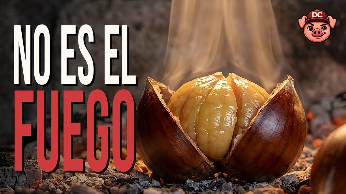 Castañas asadas: una castaña abierta por el tajo sobre la brasa, con la carne dorada y echando vapor