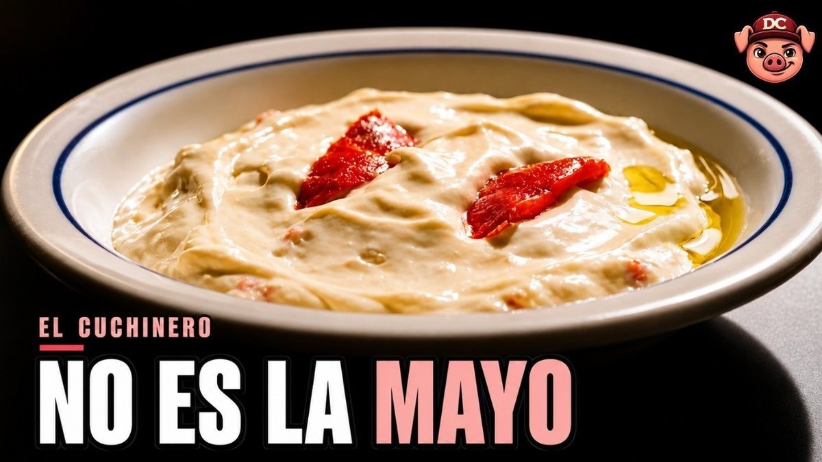 Ensaladilla rusa de bar servida en fuente, con la superficie alisada y aceitunas por encima