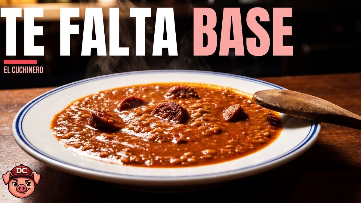Cazuela de lentejas con chorizo con caldo espeso y oscuro, servidas en plato hondo