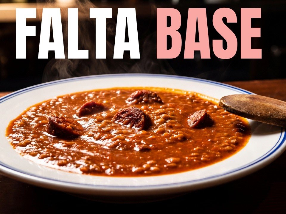 Cazuela de lentejas con chorizo con caldo espeso y oscuro, servidas en plato hon