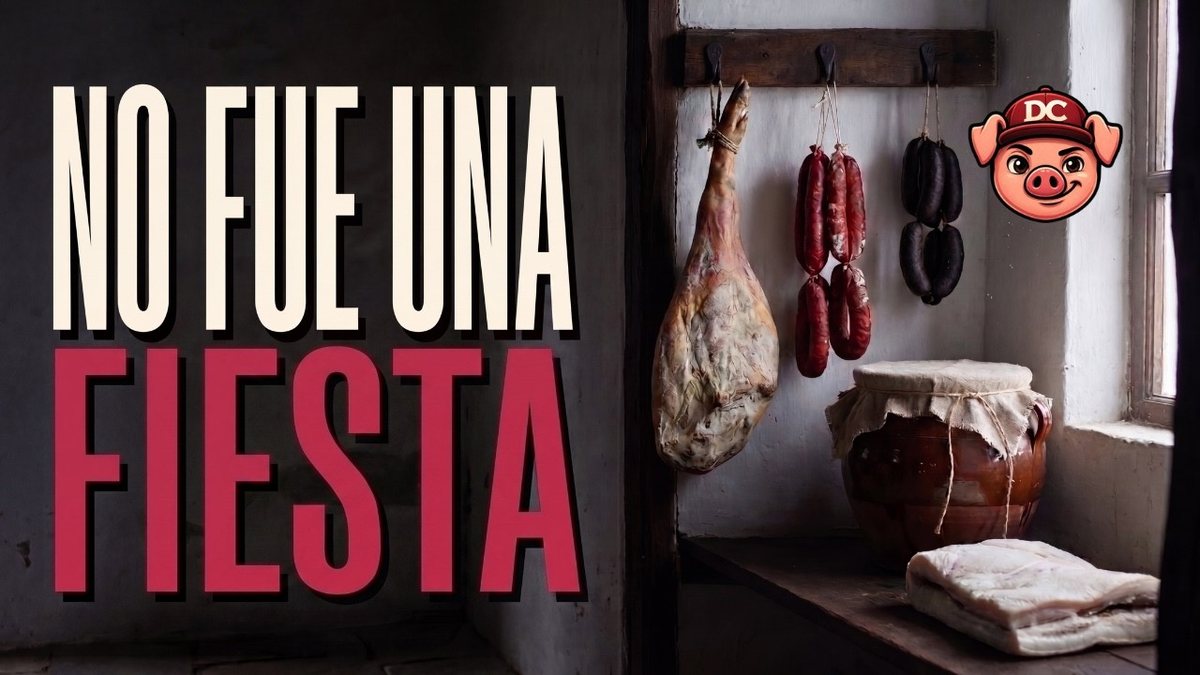 Despensa de la matanza del cerdo con jamones colgados, chorizos curándose y olla