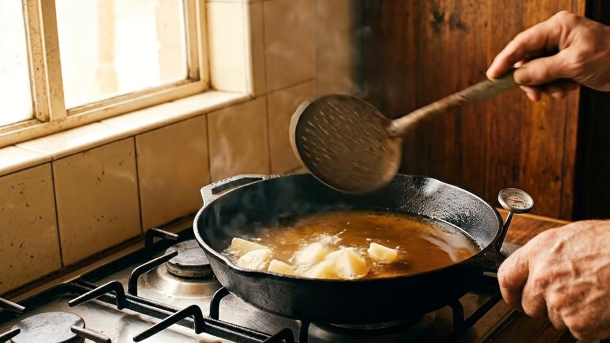 Primera fritura: 160 grados y sin color: fotograma del vídeo de El Cuchinero