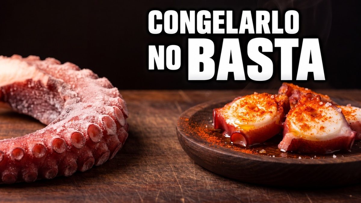 Pulpo a la gallega servido sobre plato de madera, en rodajas de medio dedo con s