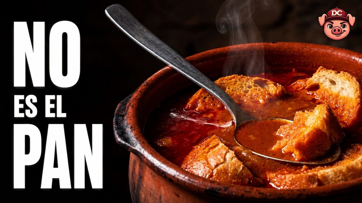 Cazuela de barro con sopa de ajo castellana espesa, cuchara hundida en el caldo 